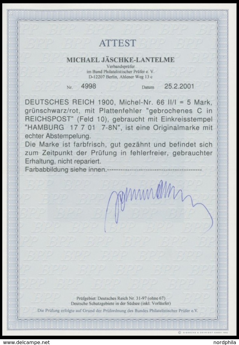 Dt. Reich 66IIPFI O, 1900, 5 M. Reichspost, Type II, Mit Plattenfehler Gebrochenes C In Reichspost, Pracht, R!, Fotoatte - Other & Unclassified