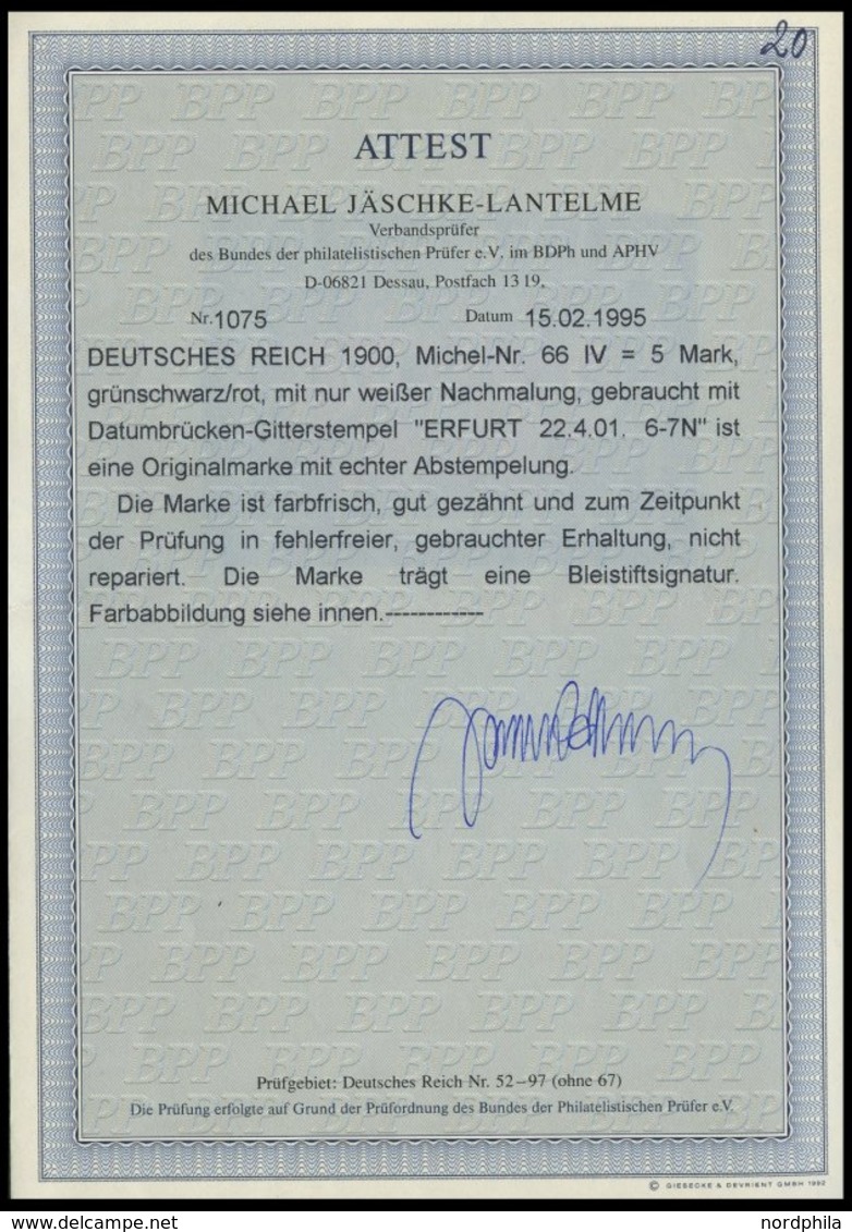 Dt. Reich 66IV O, 1900, 5 M. Reichspost, Type I, Nachmalung Nur Mit Deckweiß, Pracht, Fotoattest Jäschke-L., Mi. 800.- - Sonstige & Ohne Zuordnung