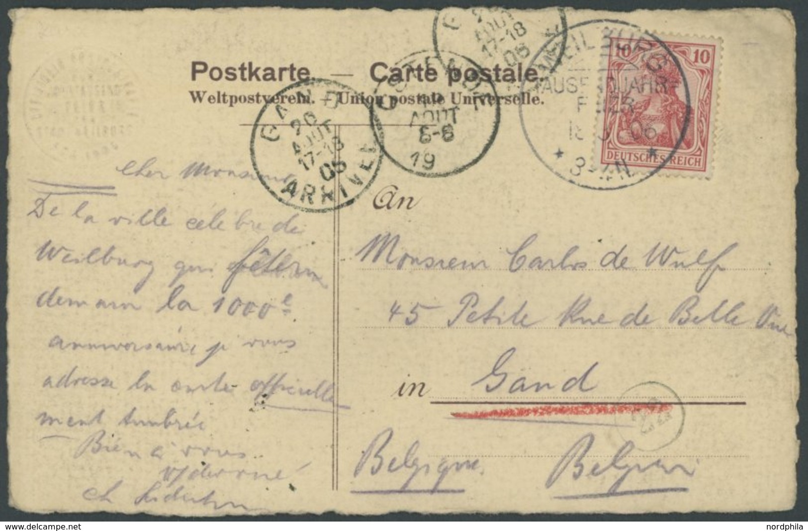 1906, 10 Pf. Germania Mit Stempel WEILBURG TAUSENDJAHRFEIER Auf Künstlerkarte Dto. Nach Belgien, Pracht -> Automatically - Other & Unclassified