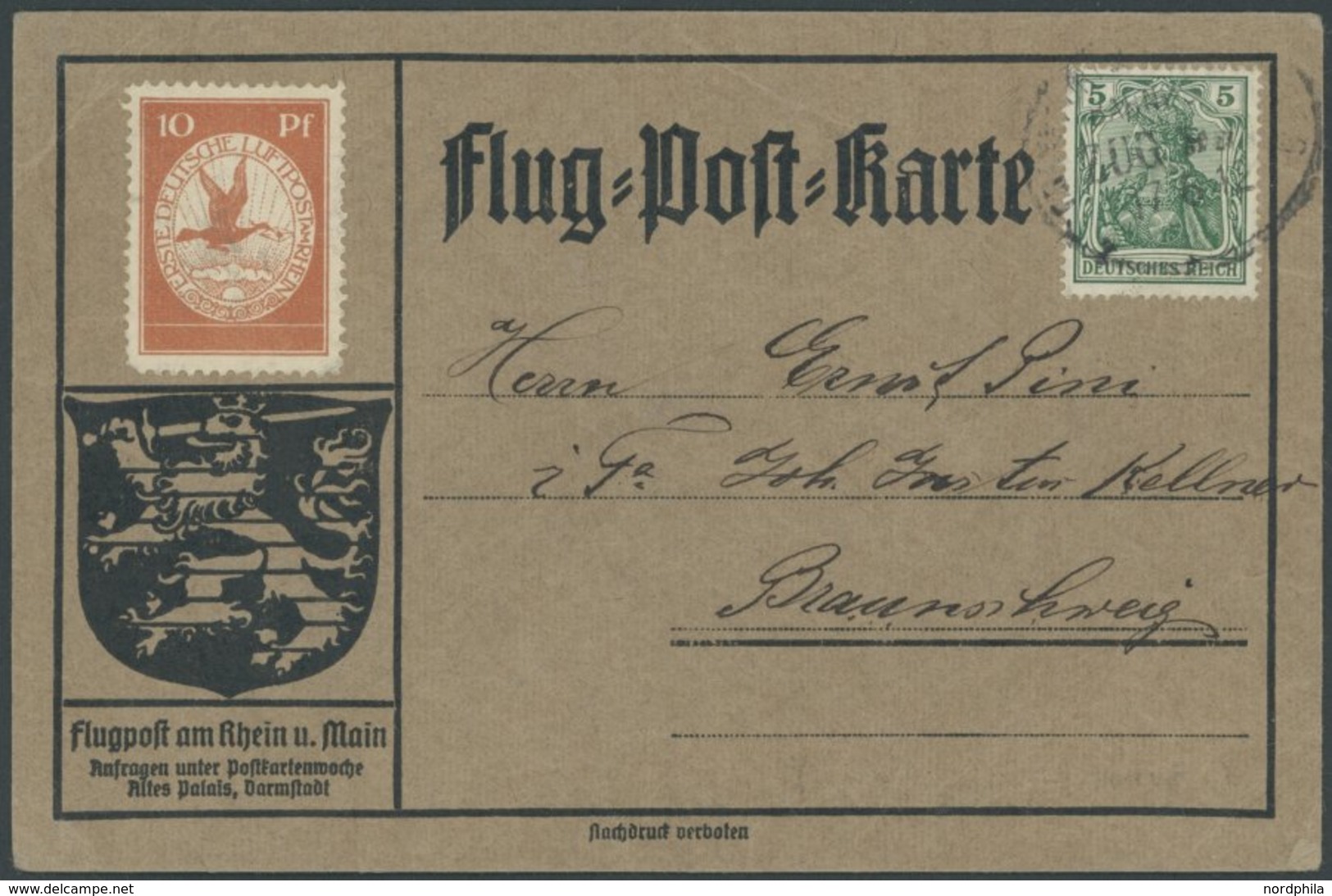 1912, 10 Pf. Flp. Am Rhein Und Main Auf Flugpostkarte, Ungestempelt, Zusatzfranaktur 5 Pf. Germania Mit Bahnpoststempel  - Other & Unclassified