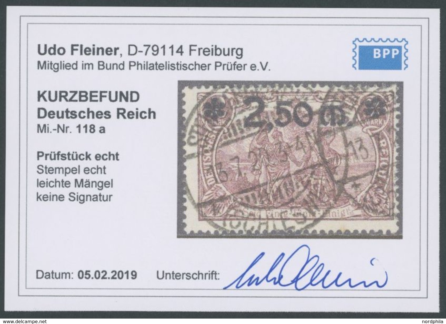 Dt. Reich 118a O, 1920, 2.50 M. Auf 2 M. Braunlila, Feinst, Kurzbefund Fleiner, Mi. 250.- - Sonstige & Ohne Zuordnung