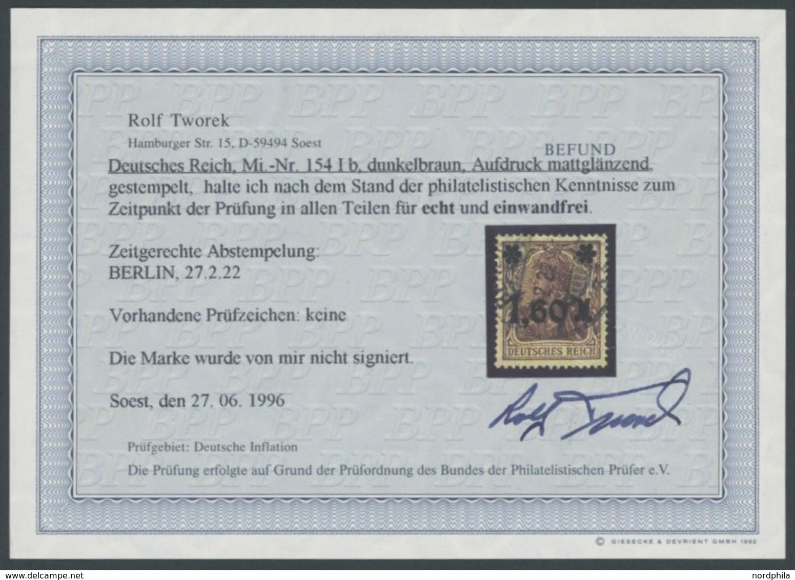 1921, 1.60 M. Auf 5 Pf. Dunkelbraun, Aufdruck Mattglänzend, Pracht, Fotobefund Tworek, Mi. 550.- -> Automatically Genera - Autres & Non Classés