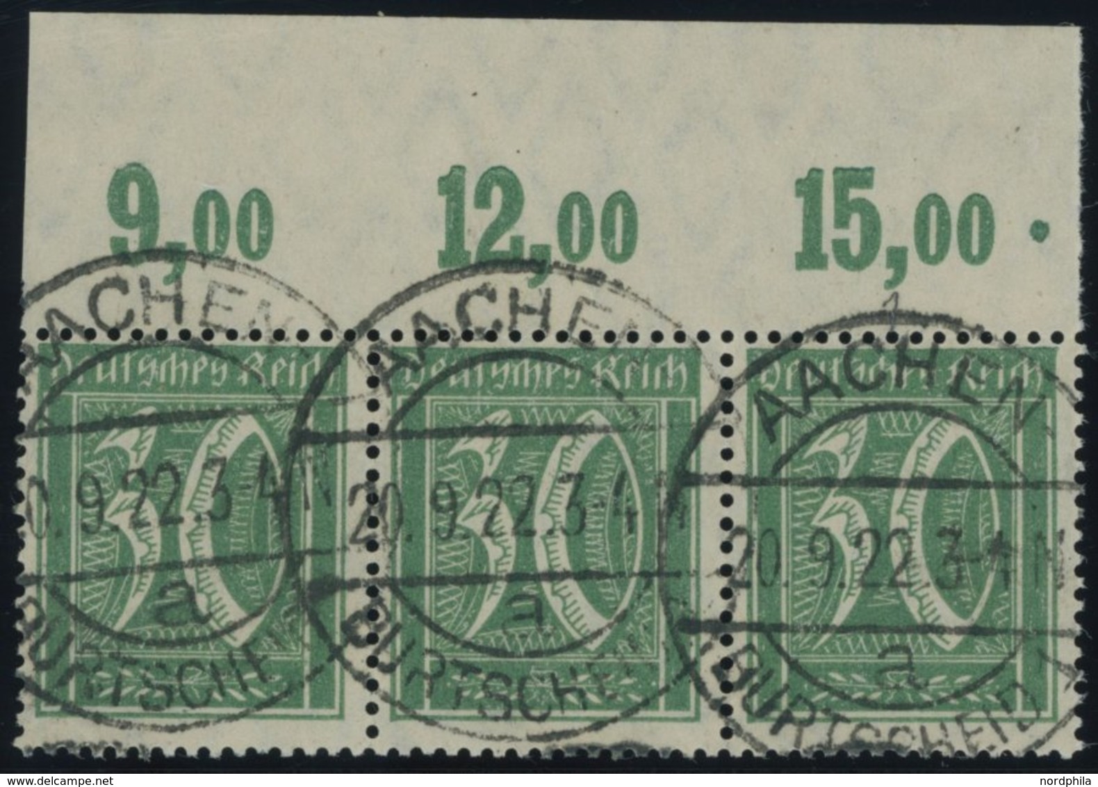 Dt. Reich 162P OR O, 1921, 30 Pf. Opalgrün Im Waagerechten Dreierstreifen Vom Oberrand, Plattendruck, Pracht, Gepr. Infl - Other & Unclassified