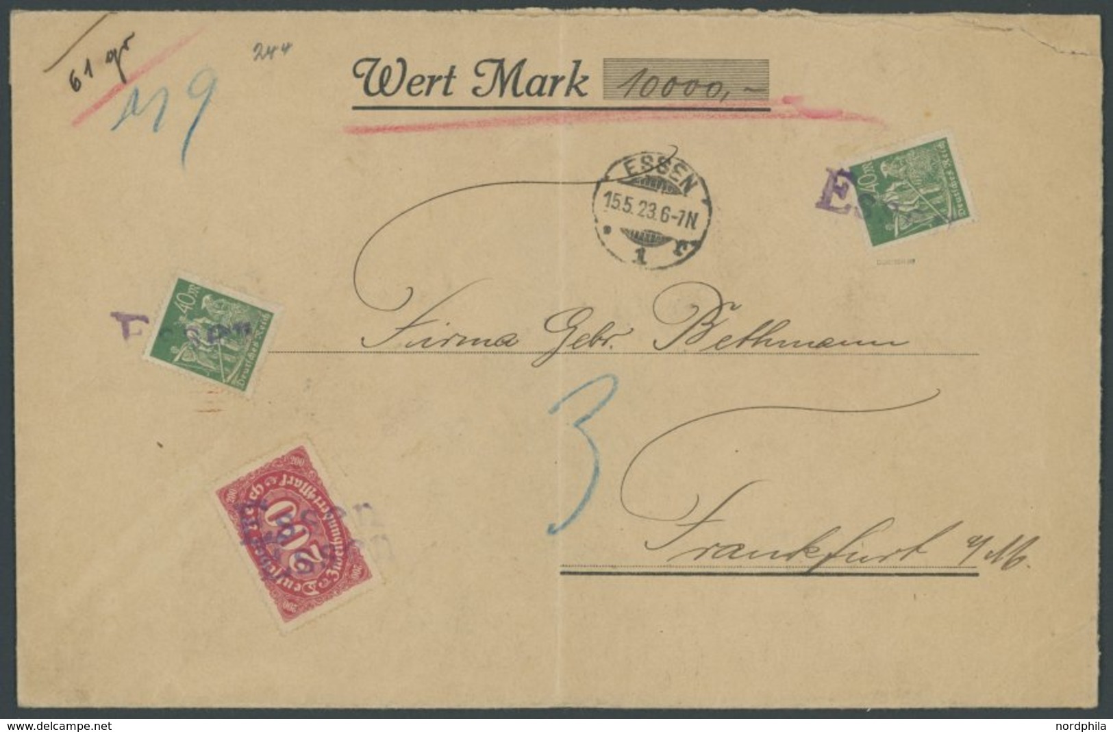 1923, 280 M. (Mi.Nr. 220 U. 2x 244) Als 10.000 RM. Wertbrieffrankatur Auf Einfachem Wertbrief Mit Päckchen-L1 ESSEN, Rüc - Sonstige & Ohne Zuordnung