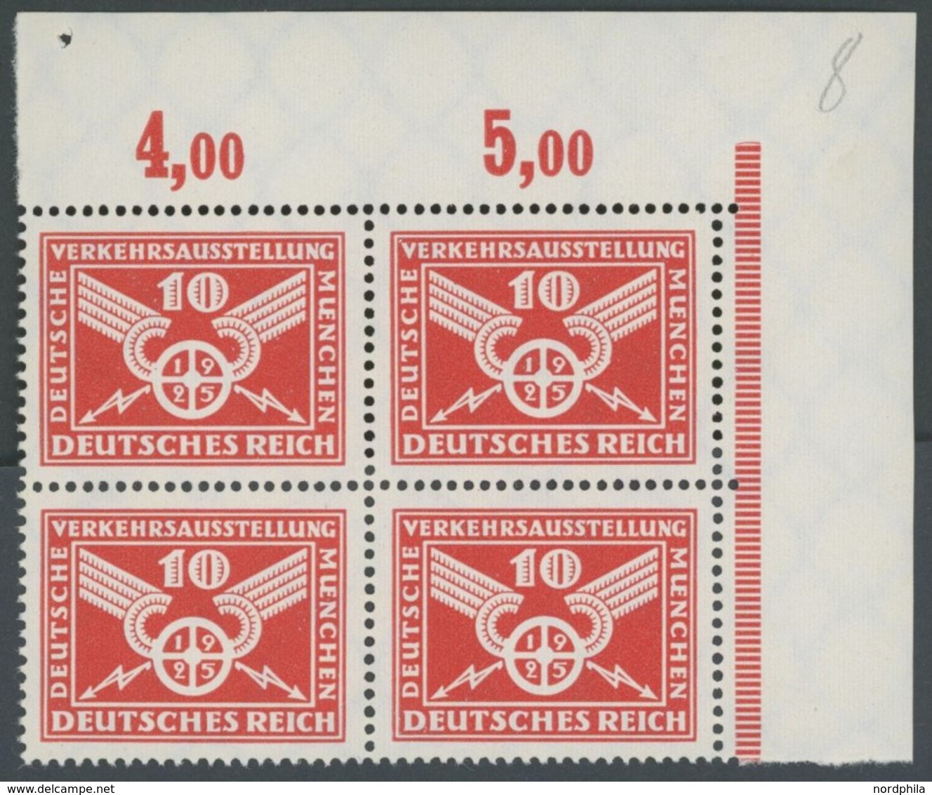 Dt. Reich 371X VB **, 1925, 10 Pf. Verkehrsausstellung Im Oberen Rechten Eckrandviererblock, Pracht, Mi. (112.-) - Sonstige & Ohne Zuordnung