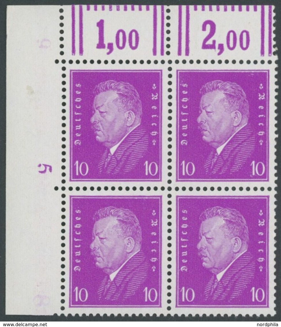 Dt. Reich 435WOR VB **, 1930, 10 Pf. Ebert, Walzendruck, Im Linken Oberen Eckrandviererblock, Postfrisch, Pracht, Mi. (1 - Autres & Non Classés