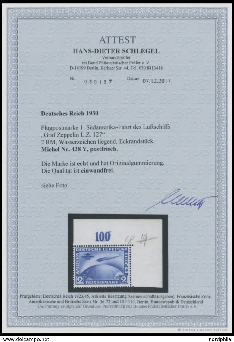 Dt. Reich 438Y **, 1930, 2 M. Südamerikafahrt, Wz. Liegend, Rechte Obere Bogendecke, Postfrisch, Pracht, Unsigniert, Fot - Sonstige & Ohne Zuordnung