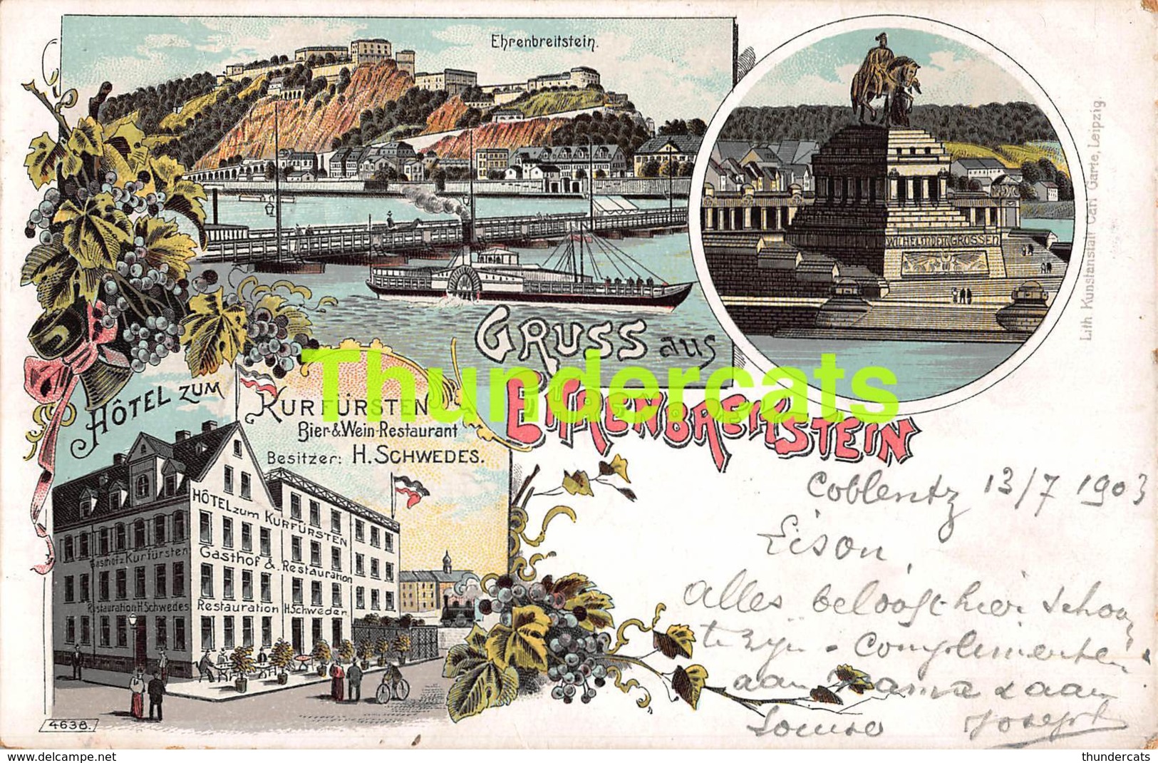 CPA LITHO 1903 GRUSS AUS EHRENBREITSTEIN HOTEL ZUM KURFURSTEN COBLENZ - Koblenz