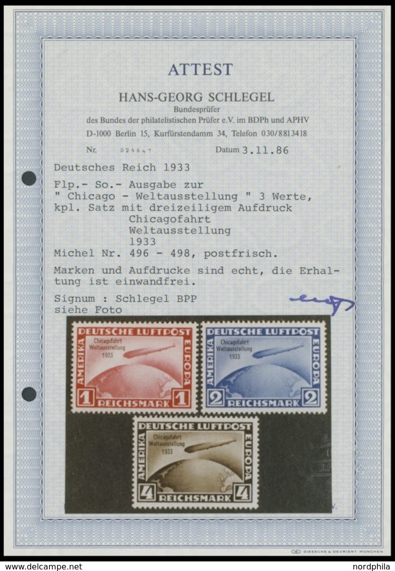 Dt. Reich 496-98 **, 1933, Chicagofahrt, Postfrischer Prachtsatz, Signiert Schlegel Und Fotoattest H.G. Schlegel: Die Er - Other & Unclassified