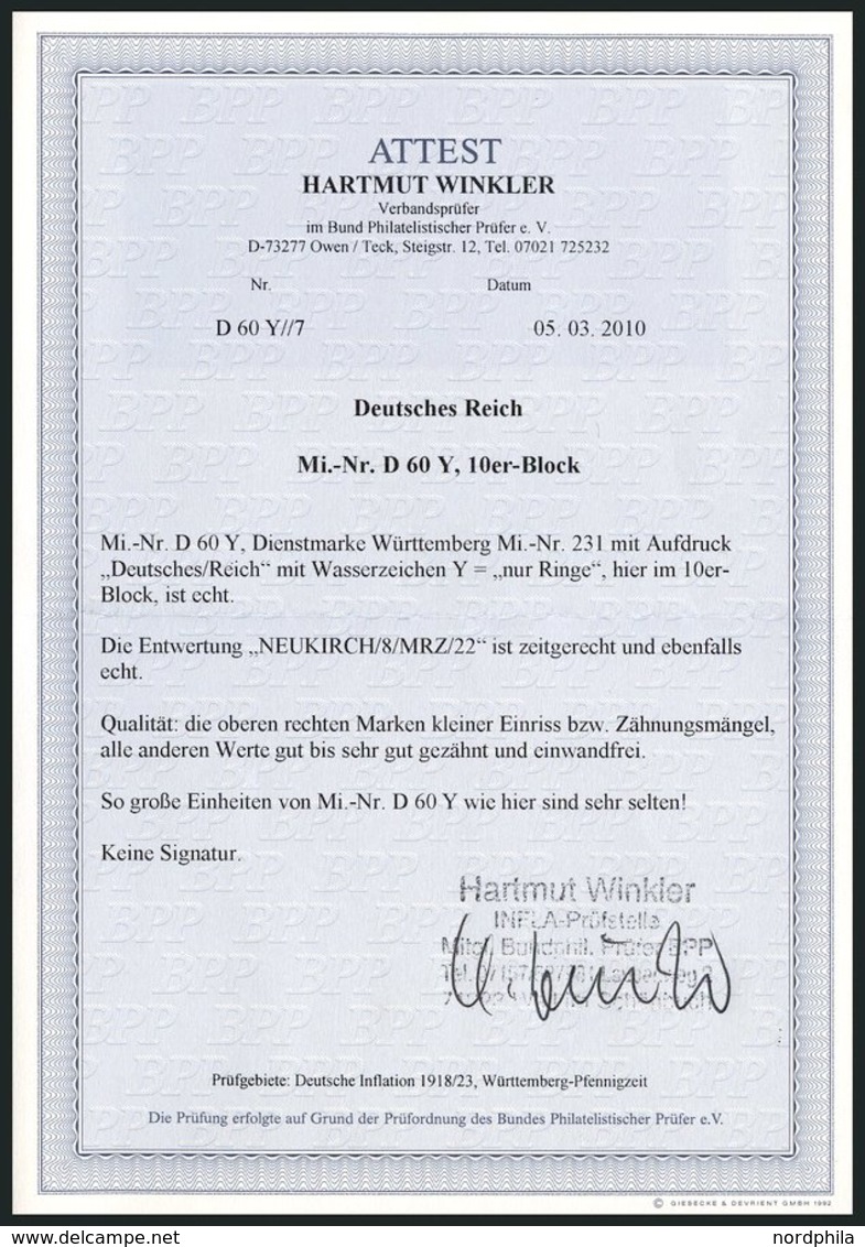 DIENSTMARKEN D 60Y O, 1920, 20 Pf. Ultramarin, Wz. Ringe, Im Zehnerblock, Stempel NEUKIRCH, Die Oberen Rechten Marken Kl - Service