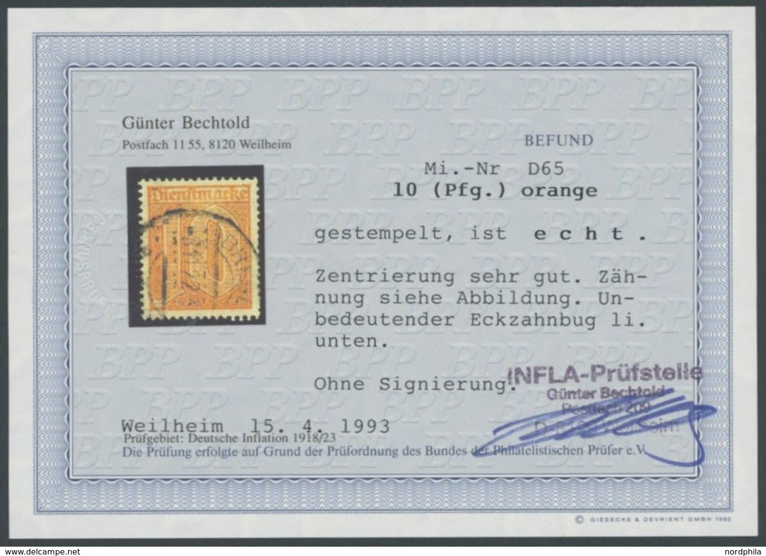 1921, 10 Pf. Dunkelorange, Unbedeutender Eckzahnbug Sonst Pracht, Fotobefund Bechtold, Mi. 600.- -> Automatically Genera - Service