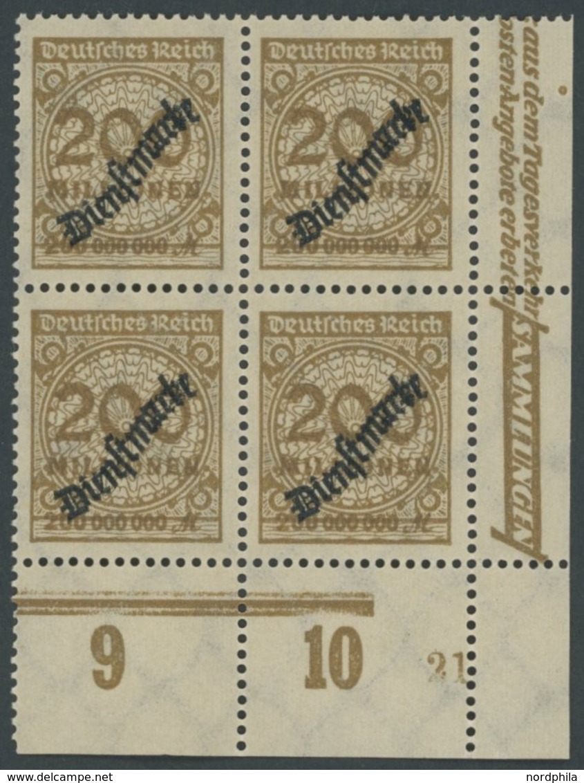 DIENSTMARKEN D 83adgz VB **, 1923, 200 Mio. M. Ockerbraun Im Unteren Linken Eckrandviererblock, Durchgezähnt, Postfrisch - Dienstmarken