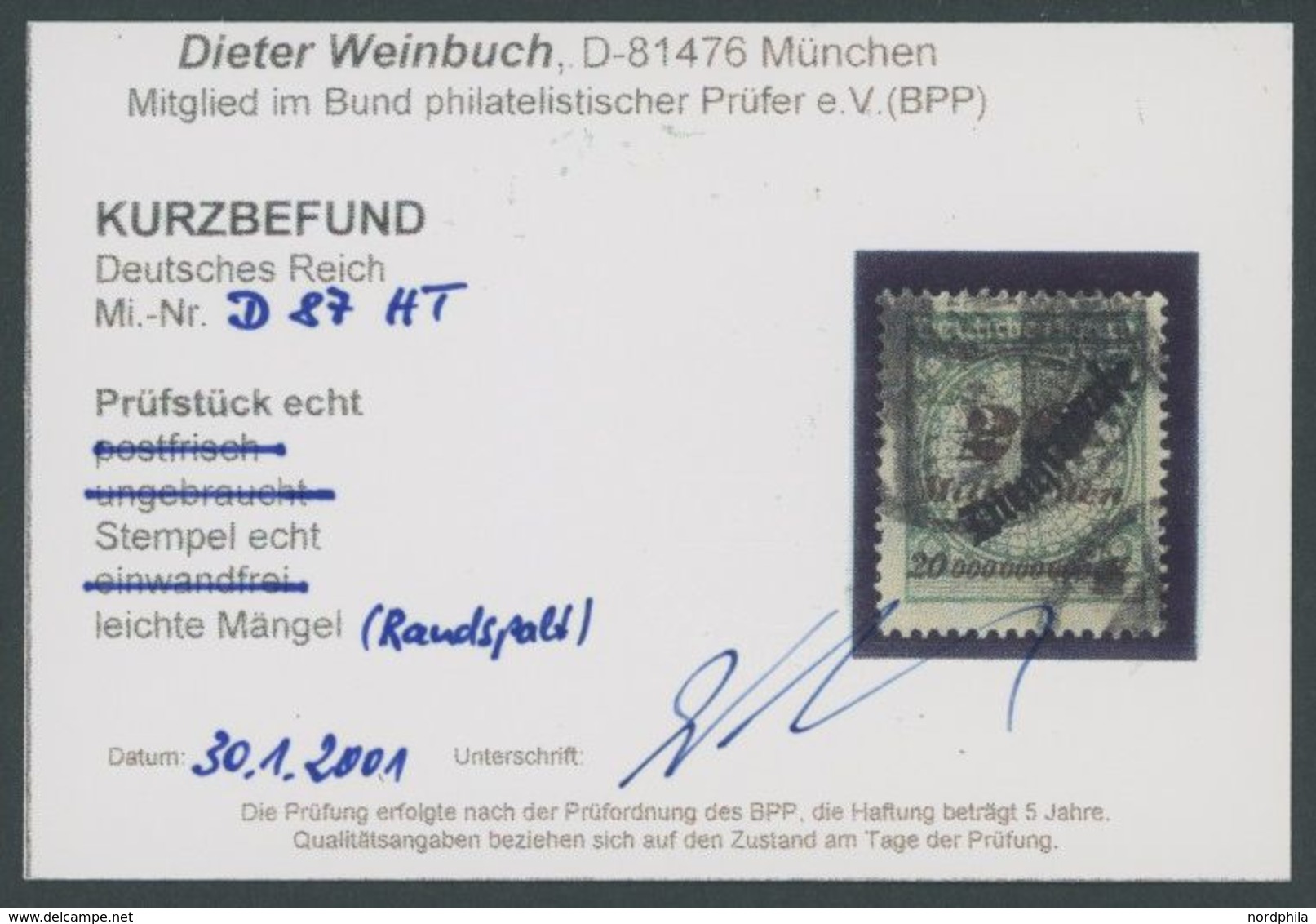 1923, 20 Mrd. M. Opalgrün/schwärzlichockerbraun Mit Plattenfehler Sprung In Der Rosette, Feinst (Randspalt), Kurzbefund  - Service