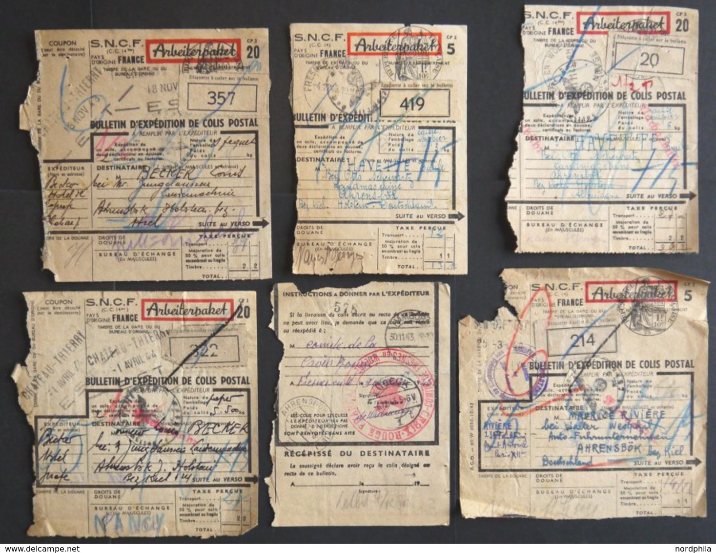 LOTS 1943/4, 6 Französische Arbeiterpaket-Karten Nach Ahrensbök, Diverse Nachgebührvermerke Etc., Bedarfsmängel - Other & Unclassified