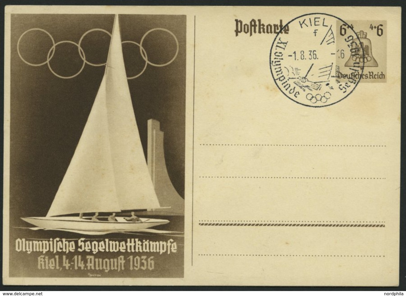 GANZSACHEN P 261 BRIEF, 1936, Olympische Segelwettbewerbe, Leer Gestempelt Mit Ersttags-Sonderstempel Von KIEL, Feinst - Sonstige & Ohne Zuordnung