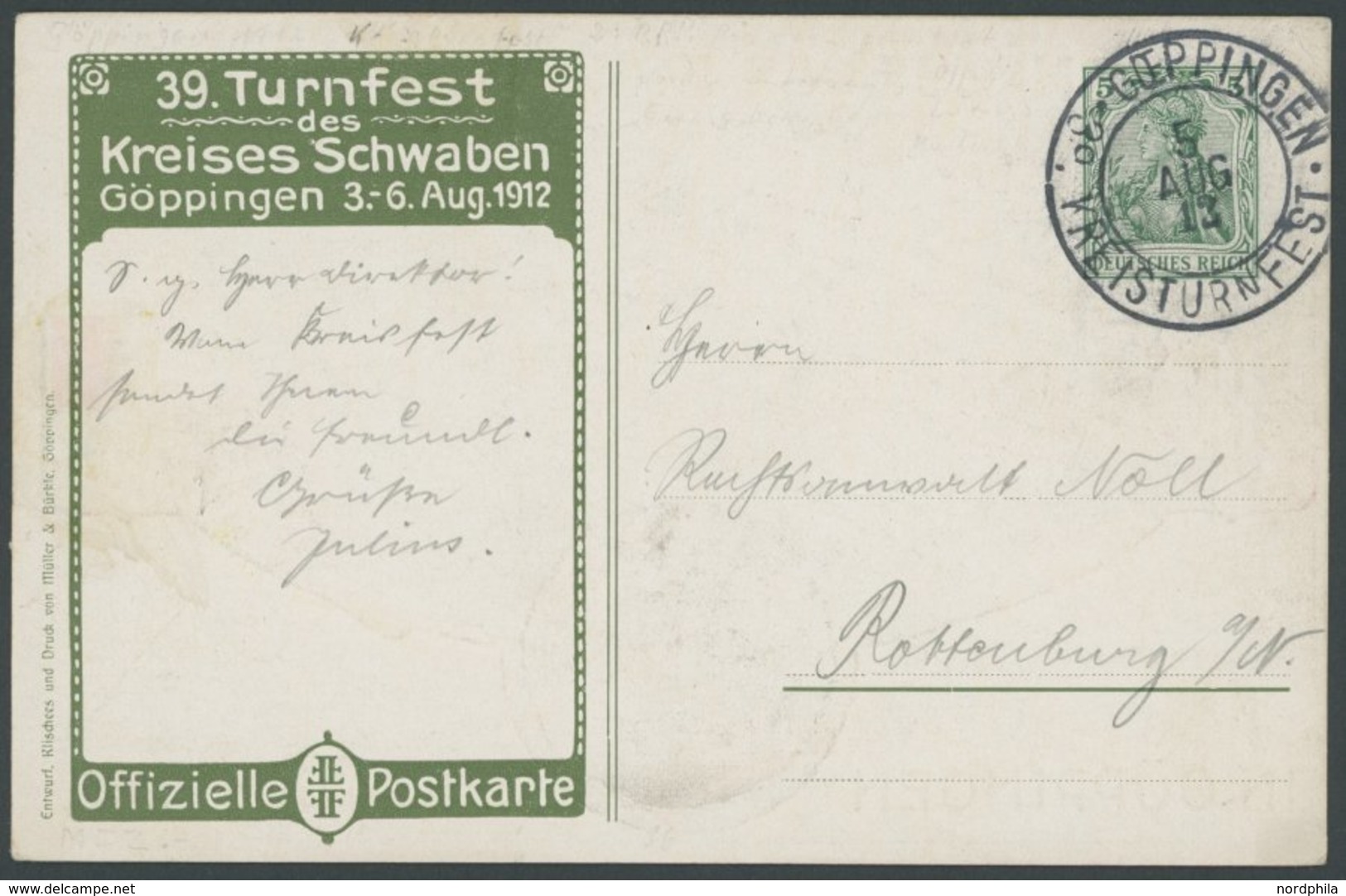 Privatpost: 1912, 5 Pf. Germania 39. Turnfest Des Kreises Schwaben In Göppingen 3.-6. August 1912, Gebraucht, Pracht ->  - Otros & Sin Clasificación