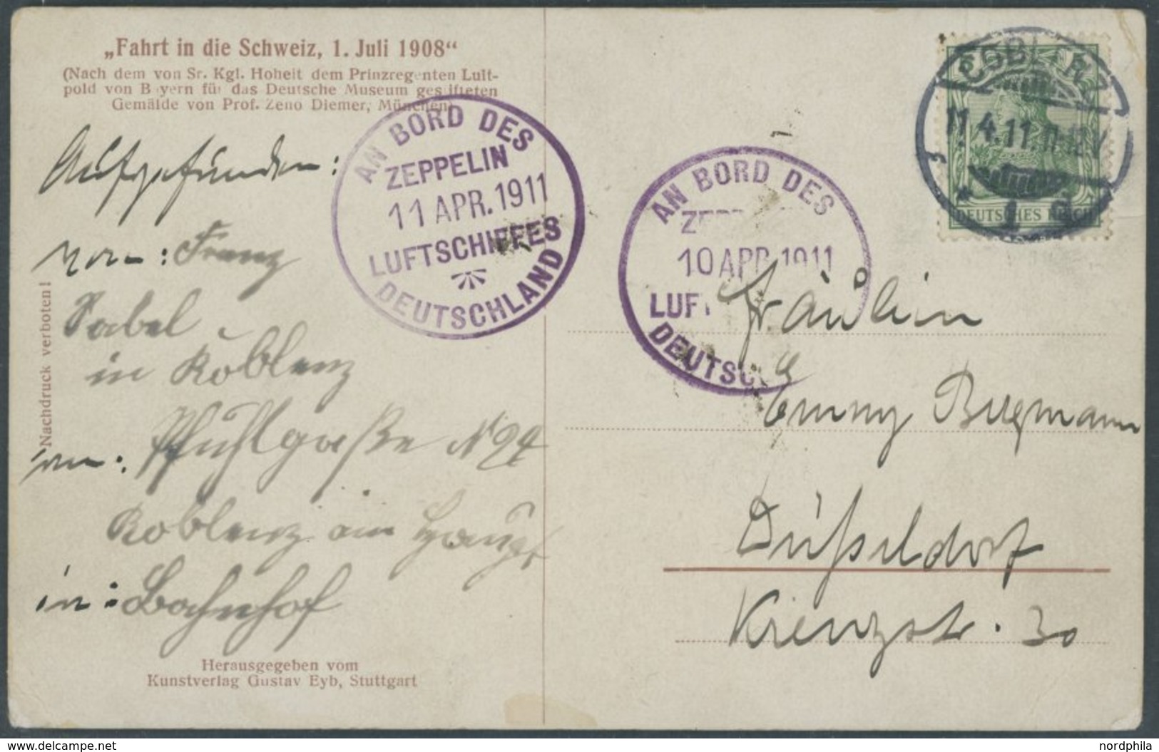 1911, Deutschlandfahrt, Zeppelin-Ansichtskarte Fahrt In Die Schweiz Mit Stempel Vom Erstverwendungstag 10. APR.1911, Abg - Airmail & Zeppelin