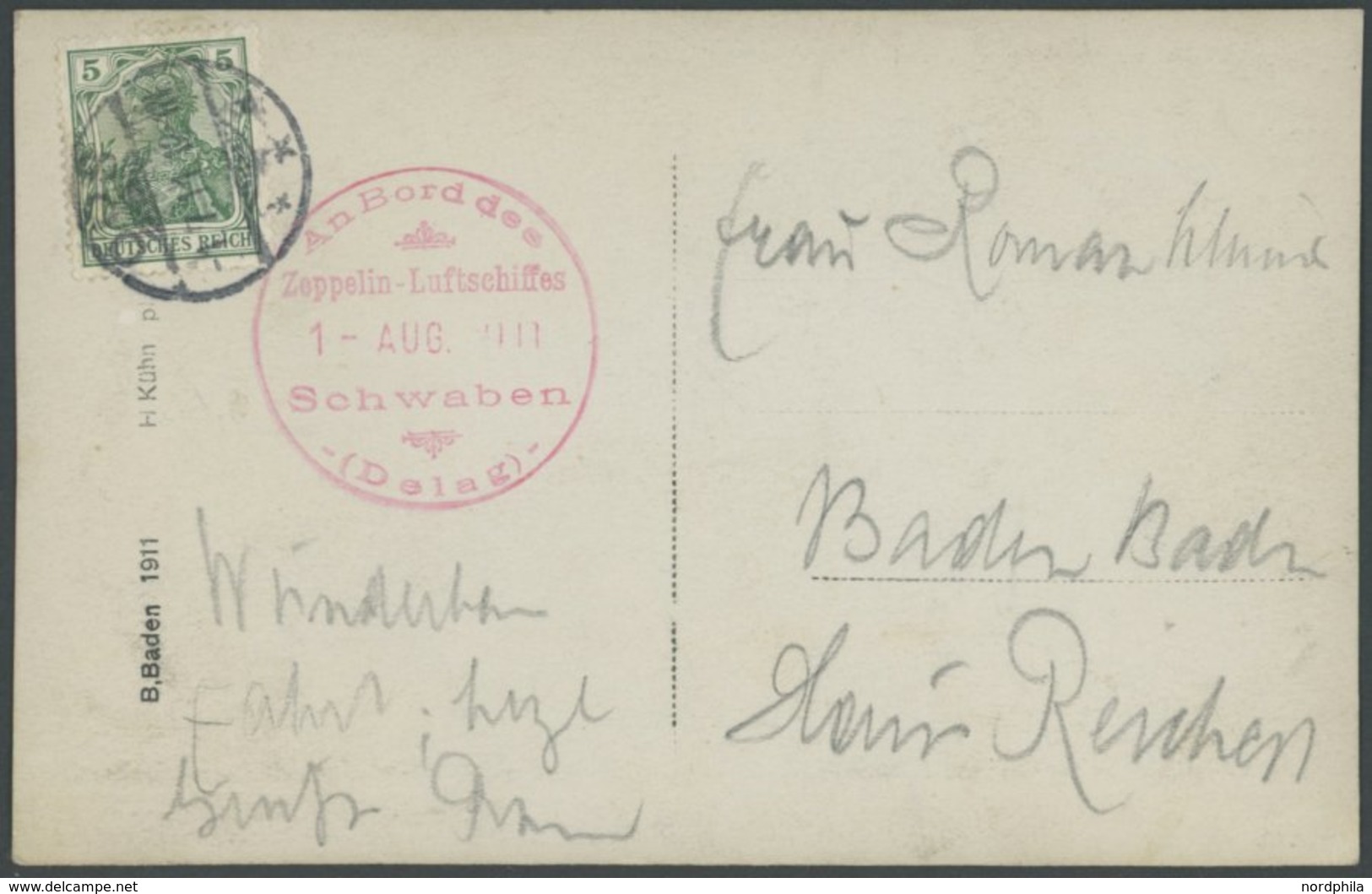 2.8.1911, Luftschiff Schwaben, Fahrt Oos-Frankfurt, Violetter Bordstempel Und Falsch Eingestellter Oos-Tagesstempel 1.7. - Luft- Und Zeppelinpost