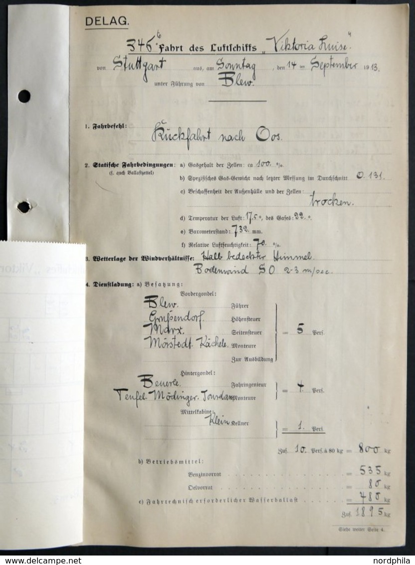 19.8.-29.10.1913, LZ 11 Viktoria Luise, 59 Fahrtberichte, Ausgestellt Von Den Führern Dr. Lempertz Und Blew. Alle Vierse - Correo Aéreo & Zeppelin