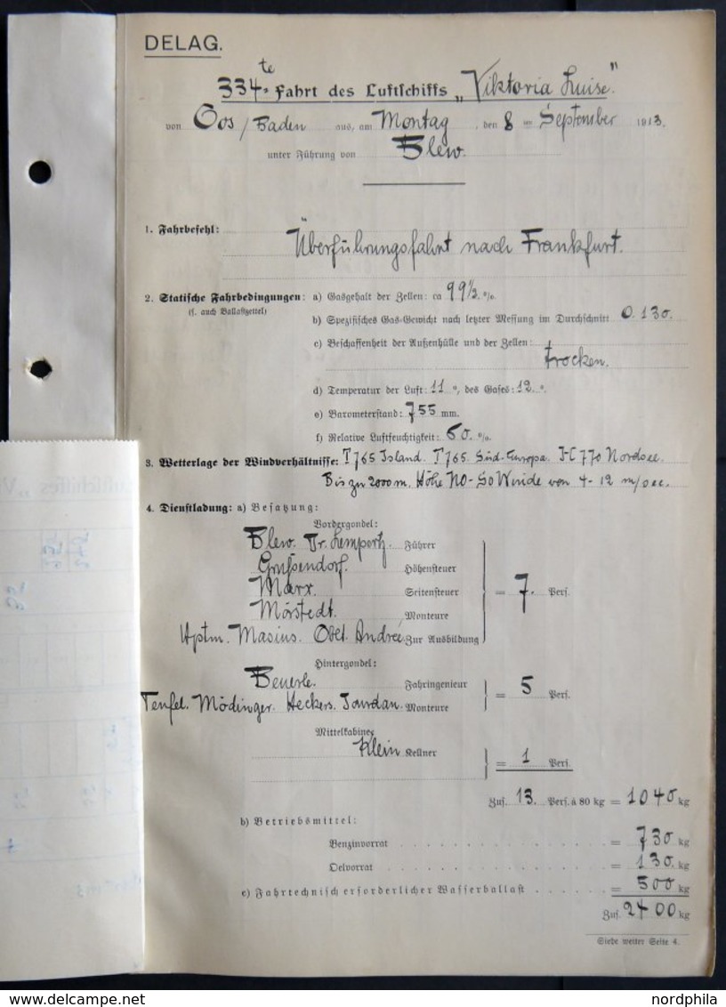 19.8.-29.10.1913, LZ 11 Viktoria Luise, 59 Fahrtberichte, ausgestellt von den Führern Dr. Lempertz und Blew. Alle vierse