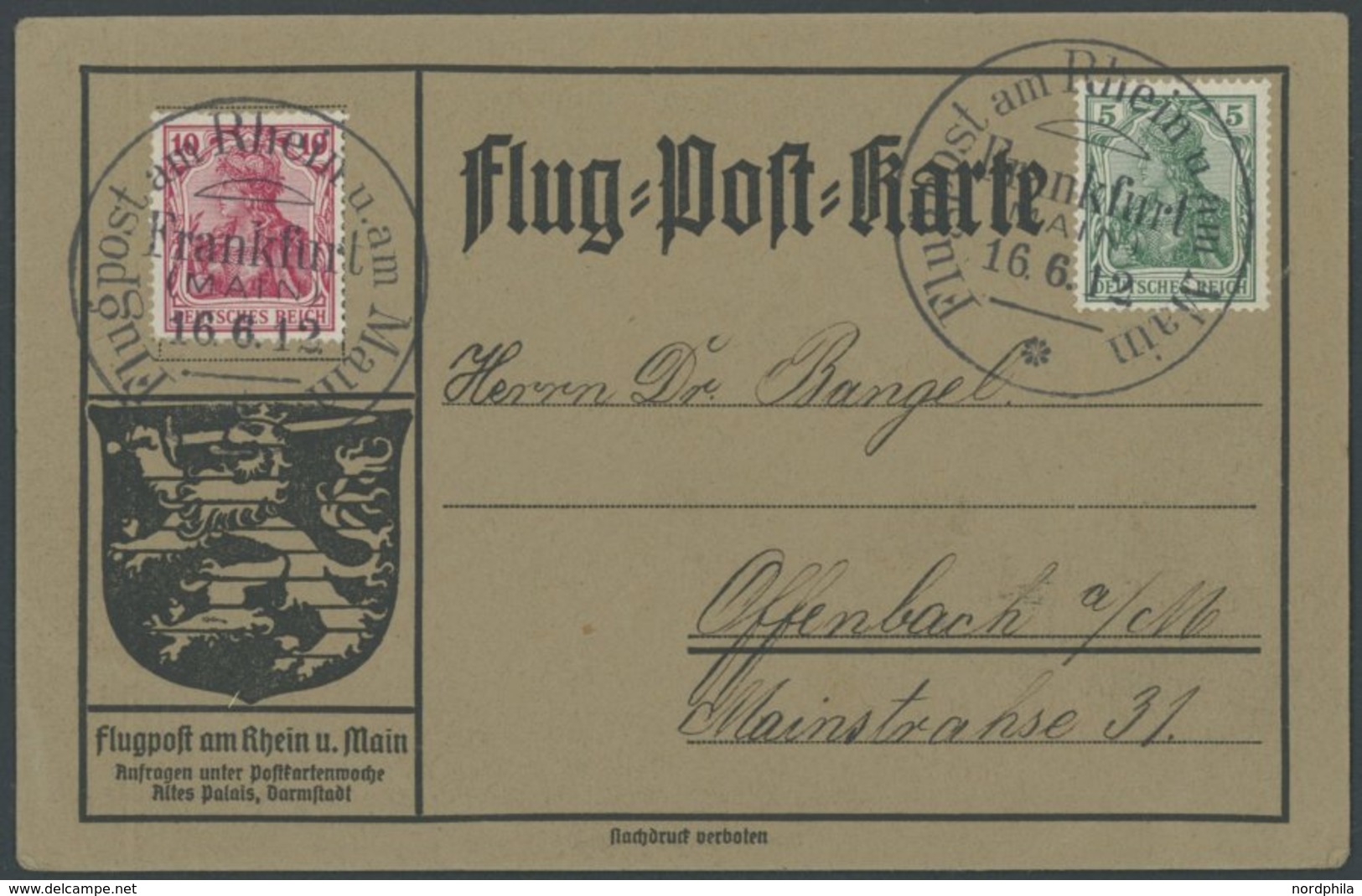 1912, Flp. Am Rhein Und Main Auf Flugpostkarte Mit 10 Pf. Germania (statt Flugpostmarke Mi. I) Und 5 Pf. Zusatzfrankatur - Airmail & Zeppelin