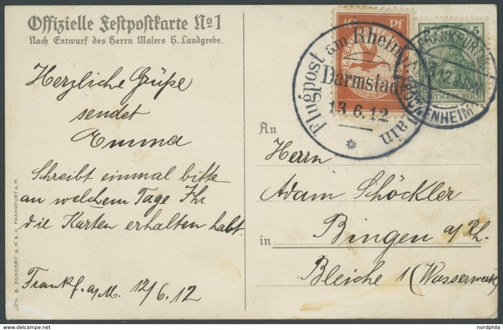 1912, 10 Pf. Flp. Am Rhein Und Main Auf Offizieller Feldpostkarte No. 1 Mit 5 Pf. Zusatzfrankatur, Sonderstempel Darmsta - Poste Aérienne & Zeppelin