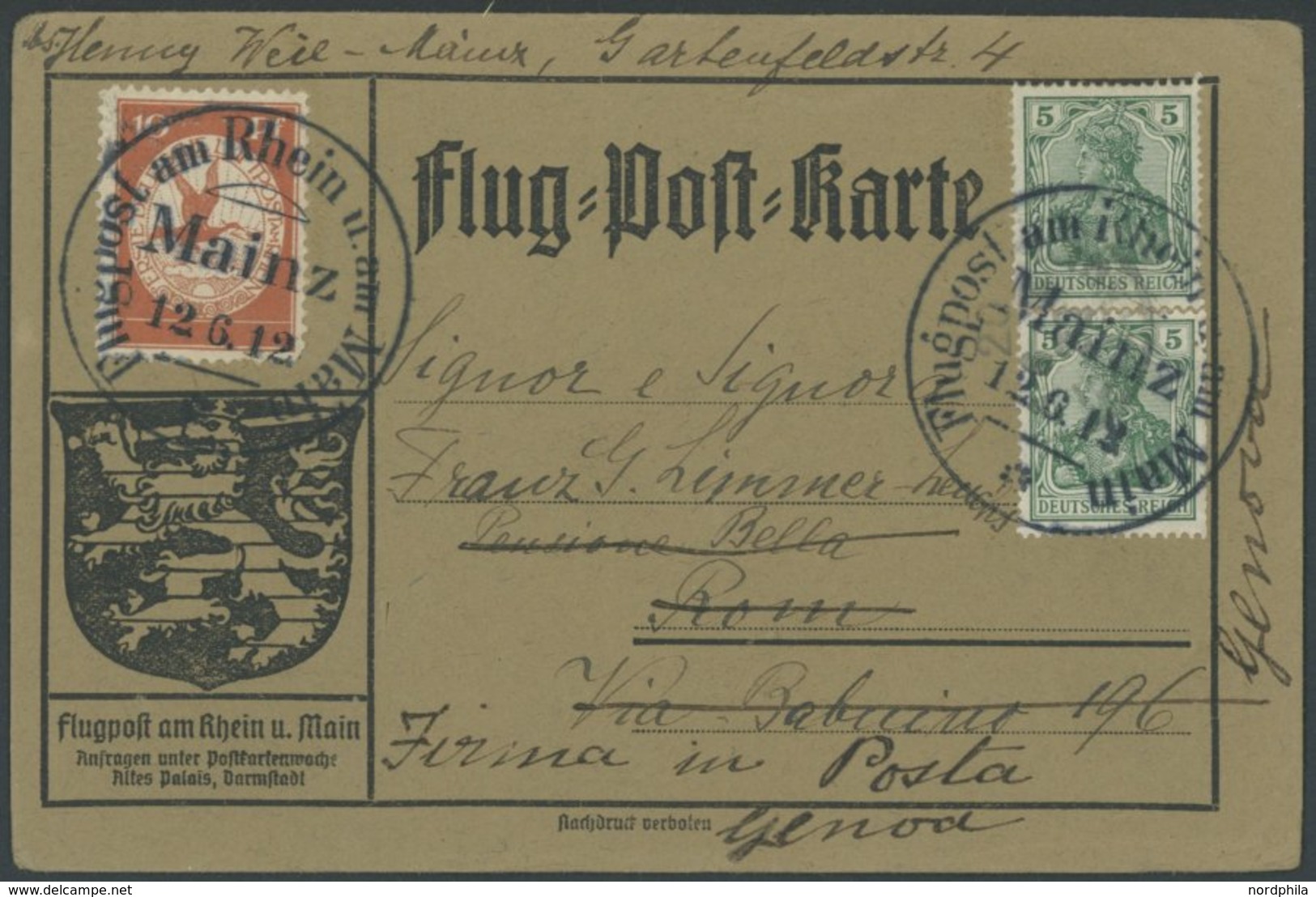 1912, 10 Pf. Flp. Am Rhein Und Main Auf Flugpostkarte Mit 2x 5 Pf. Zusatzfrankatur, Sonderstempel Mainz 12.6.12, Nach Ro - Luft- Und Zeppelinpost