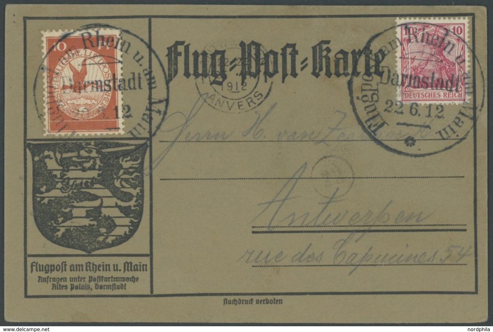 1912, 10 Pf. Flp. Am Rhein Und Main Auf Flugpostkarte Mit 10 Pf. Zusatzfrankatur, Sonderstempel Darmstadt 22.6.12, Nach  - Luft- Und Zeppelinpost