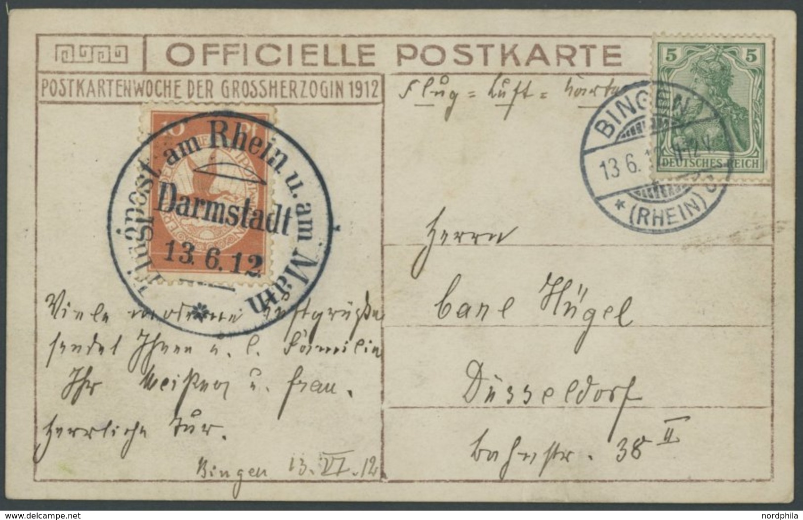 1912, 10 Pf. Flp. Am Rhein Und Main Auf Flugpostkarte (Herzogliche Familie) Mit 5 Pf. Zusatzfrankatur, Sonderstempel Dar - Luft- Und Zeppelinpost