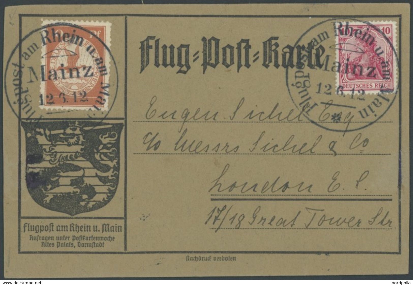 1912, 10 Pf. Flp. Am Rhein Und Main Auf Flugpostkarte Mit 10 Pf. Zusatzfrankatur, Sonderstempel Mainz 12.6.12, Nach Lond - Luft- Und Zeppelinpost