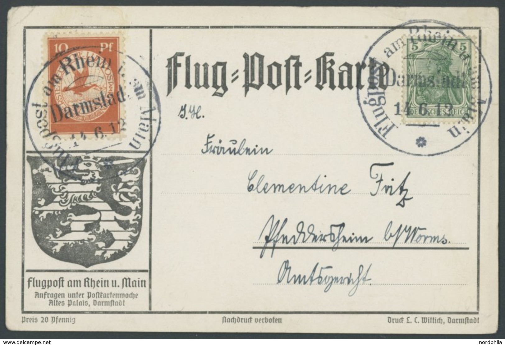 1912, 10 Pf. Flp. Am Rhein Und Main Auf Flugpostkarte (Ankunft Der Postflugmaschine Gelber Hund) Mit 5 Pf. Zusatzfrankat - Luft- Und Zeppelinpost