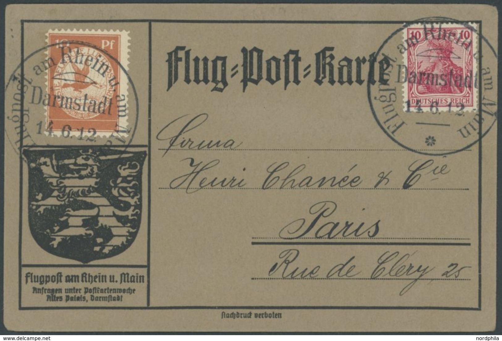 1912, 10 Pf. Flp. Am Rhein Und Main Mit Plattenfehler Farbpunkt Im O Von Luftpost Auf Flugpostkarte Mit 10 Pf. Zusatzfra - Airmail & Zeppelin