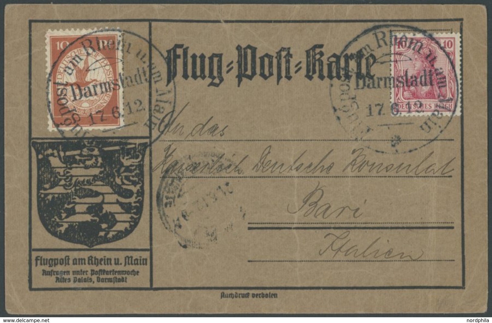 1912, 10 Pf. Flp. Am Rhein Und Main Auf Flugpostkarte Mit 10 Pf. Zusatzfrankatur, Sonderstempel Darmstadt 17.6.12, Nach  - Airmail & Zeppelin