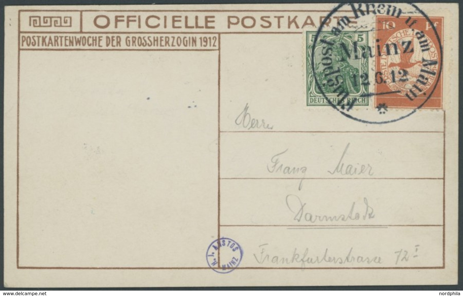 1912, 10 Pf. Flp. Am Rhein Und Main Auf Flugpostkarte (Herzogliche Familie, Bild Kopfstehend) Mit 5 Pf. Zusatzfrankatur, - Luft- Und Zeppelinpost