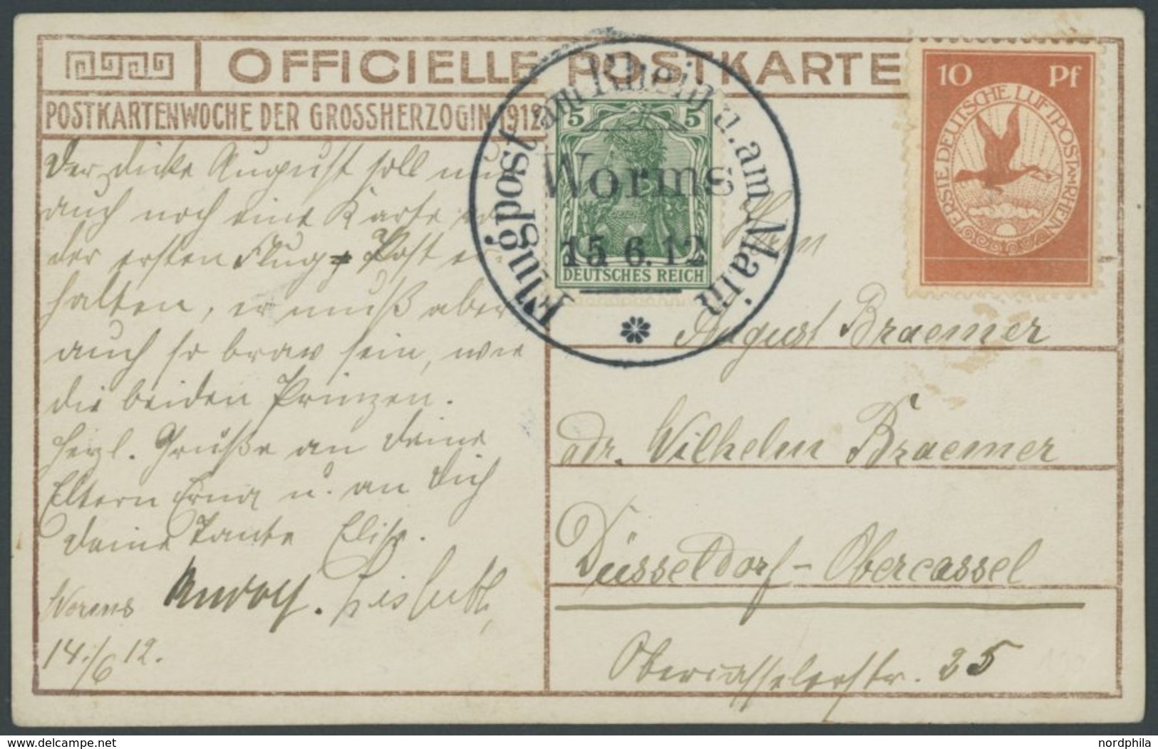 1912, 10 Pf. Flp. Am Rhein Und Main Auf Flugpostkarte (Herzogliche Kinder) Mit 5 Pf. Zusatzfrankatur, Sonderstempel Worm - Airmail & Zeppelin