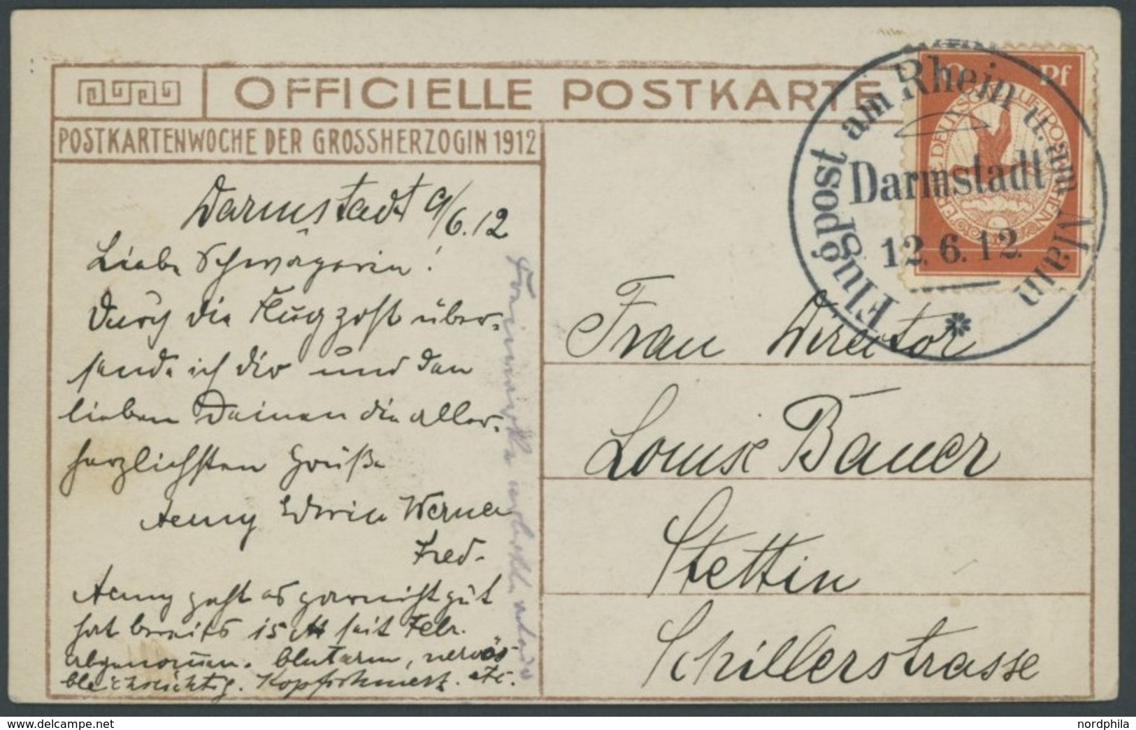 ZEPPELINPOST 10 BRIEF, 1912, 10 Pf. Flp. Am Rhein Und Main Auf Flugpostkarte Ohne Nachporto, Sonderstempel Darmstadt 12. - Airmail & Zeppelin