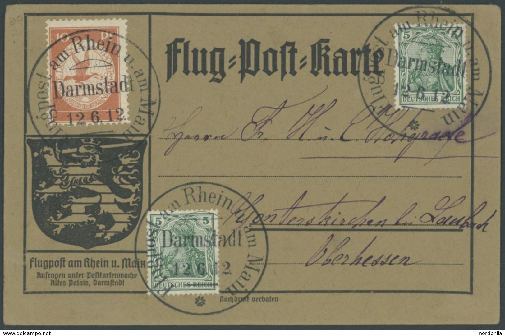 1912, 10 Pf. Flp. Am Rhein Und Main Auf Flugpostkarte Mit 2x 5 Pf. Zusatzfrankatur, 3 Sonderstempel Darmstadt 12.6.12, P - Airmail & Zeppelin