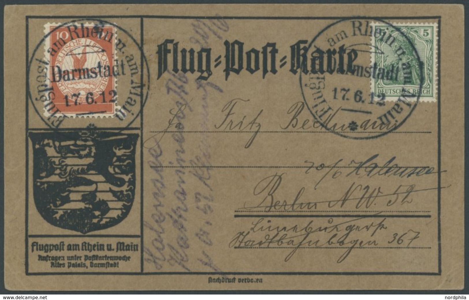 1912, 10 Pf. Flp. Am Rhein Und Main Auf Flugpostkarte Mit 5 Pf. Zusatzfrankatur, Sonderstempel Darmstadt 17.6.12, Reklam - Airmail & Zeppelin