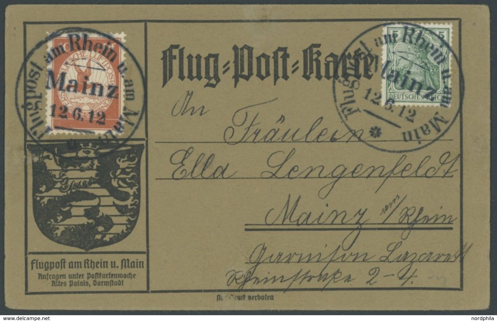 1912, 10 Pf. Flp. Am Rhein Und Main Auf Flugpostkarte (mit Gedicht) Mit 5 Pf. Zusatzfrankatur, Sonderstempel Mainz 12.6. - Airmail & Zeppelin