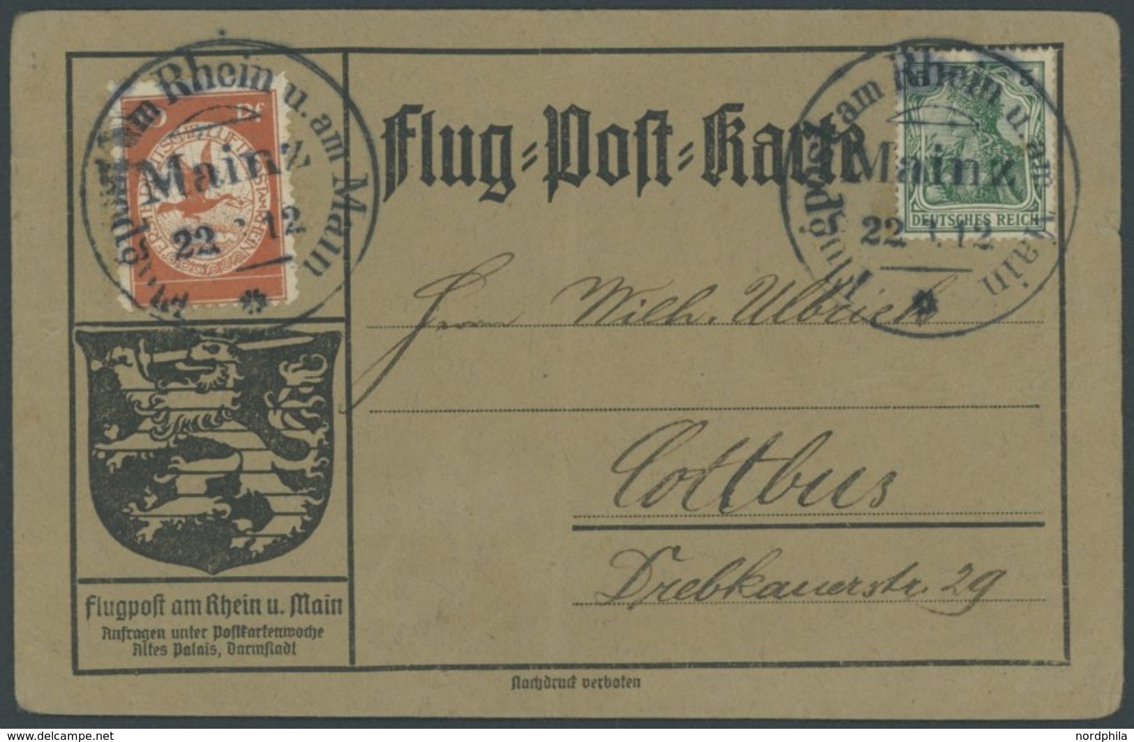 1912, 10 Pf. Flp. Am Rhein Und Main Auf Flugpostkarte Mit 5 Pf. Zusatzfrankatur, Sonderstempel Mainz 22.6.12, Reklamekar - Airmail & Zeppelin