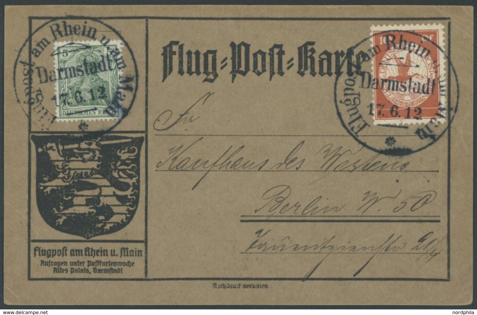 1912, 10 Pf. Flp. Am Rhein Und Main Auf Flugpostkarte Mit 5 Pf. Zusatzfrankatur, Sonderstempel Darmstadt 17.6.12, Reklam - Airmail & Zeppelin