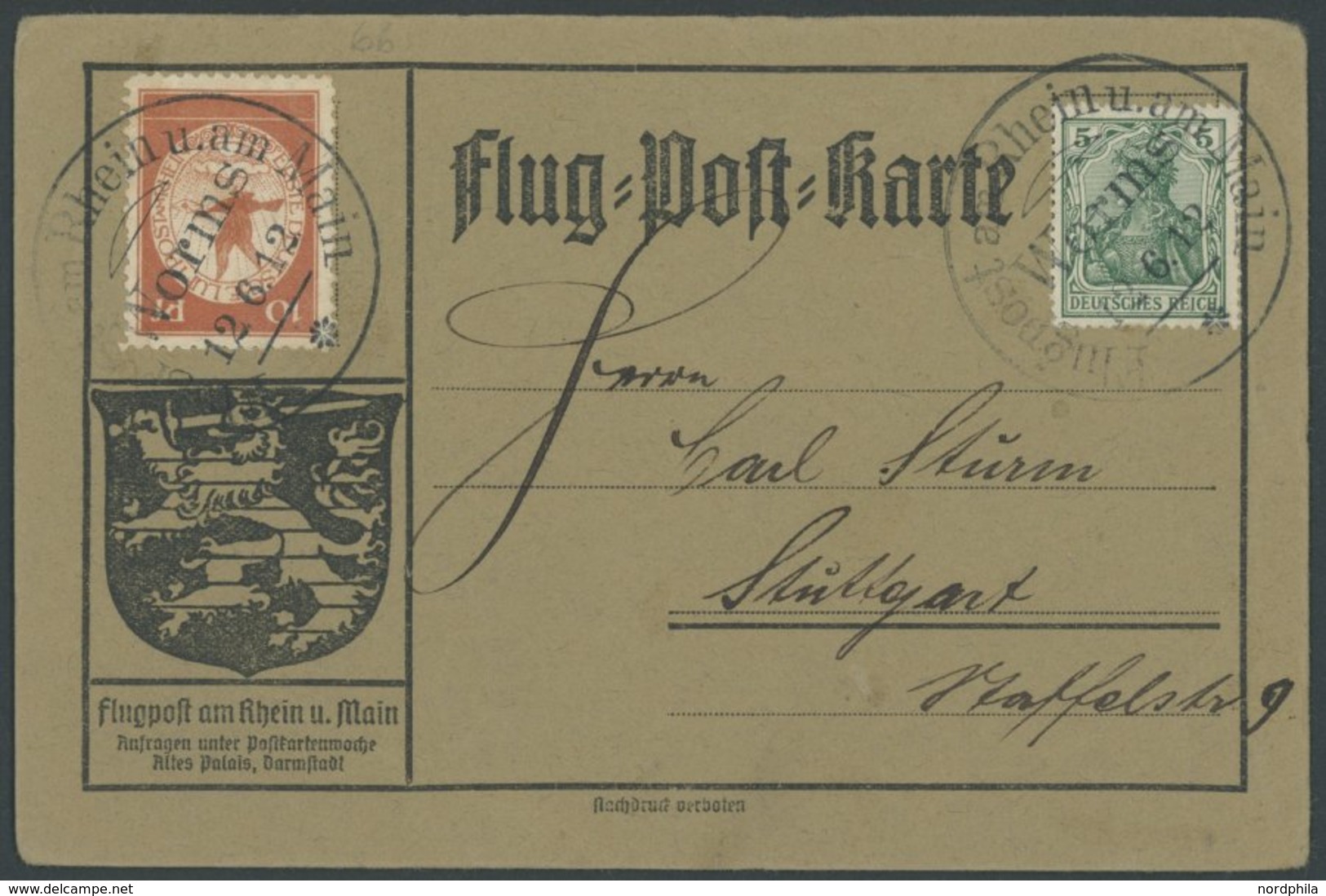 1912, 10 Pf. Flp. Am Rhein Und Main Auf Flugpostkarte Mit Plattenfehler P Von Pf Rechts Verdickt (Feld 66) Mit 5 Pf. Zus - Airmail & Zeppelin