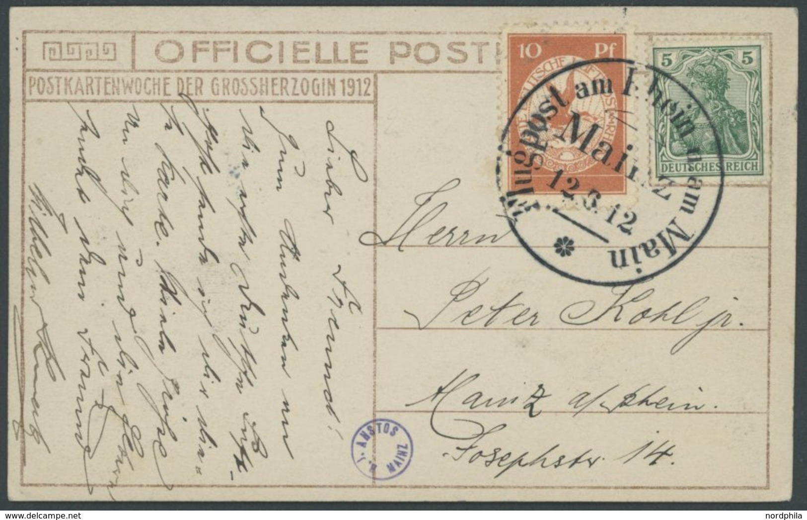 ZEPPELINPOST 10 BRIEF, 1912, 10 Pf. Flp. Am Rhein Und Main Auf Flugpostkarte (Großherzogin) Mit 5 Pf. Zusatzfrankatur, S - Airmail & Zeppelin