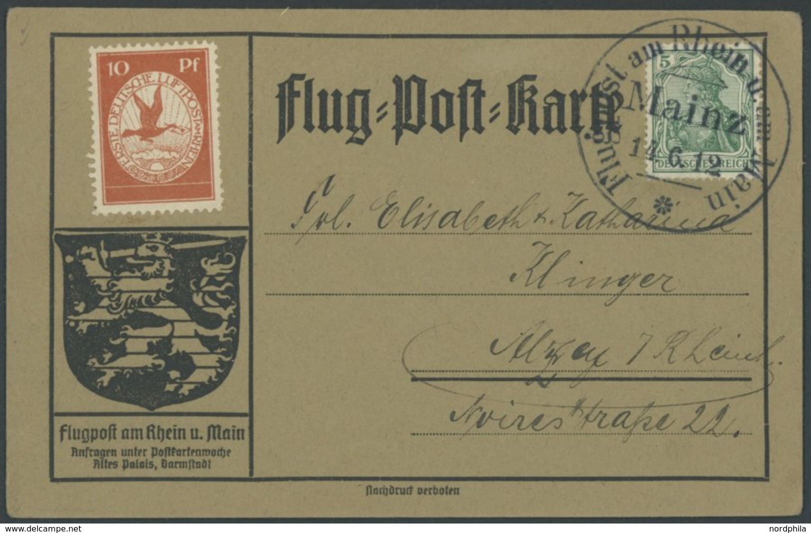 1912, 10 Pf. Flp. Am Rhein Und Main Auf Flugpostkarte Mit 5 Pf. Zusatzfrankatur, Stempelverbotskarte, Sonderstempel Main - Airmail & Zeppelin