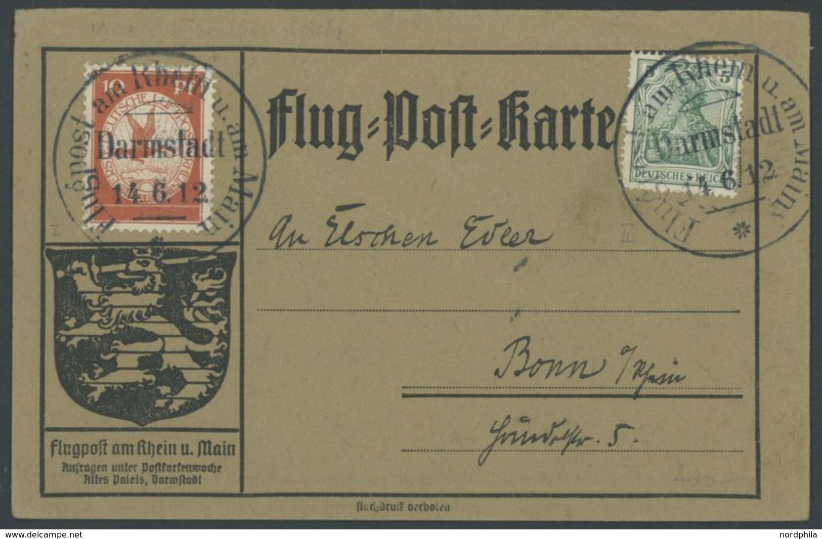 1912, 10 Pf. Flp. Am Rhein Und Main Auf Flugpostkarte Mit 5 Pf. Zusatzfrankatur, Sonderstempel Darmstadt 14.6.12, Je Mit - Airmail & Zeppelin