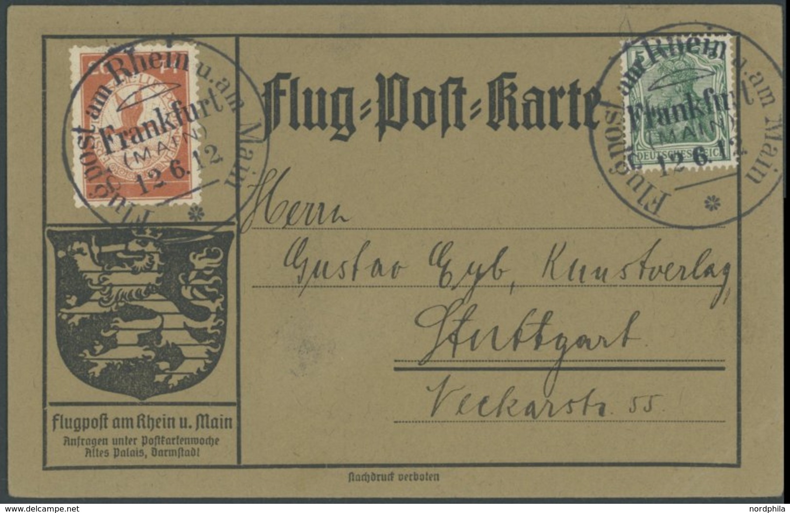 1912, 20 Pf. Flp. Am Rhein Und Main Auf Flugpostkarte Mit 5 Pf. Zusatzfrankatur, Sonderstempel Frankfurt 12.6.12, Dazu 2 - Airmail & Zeppelin