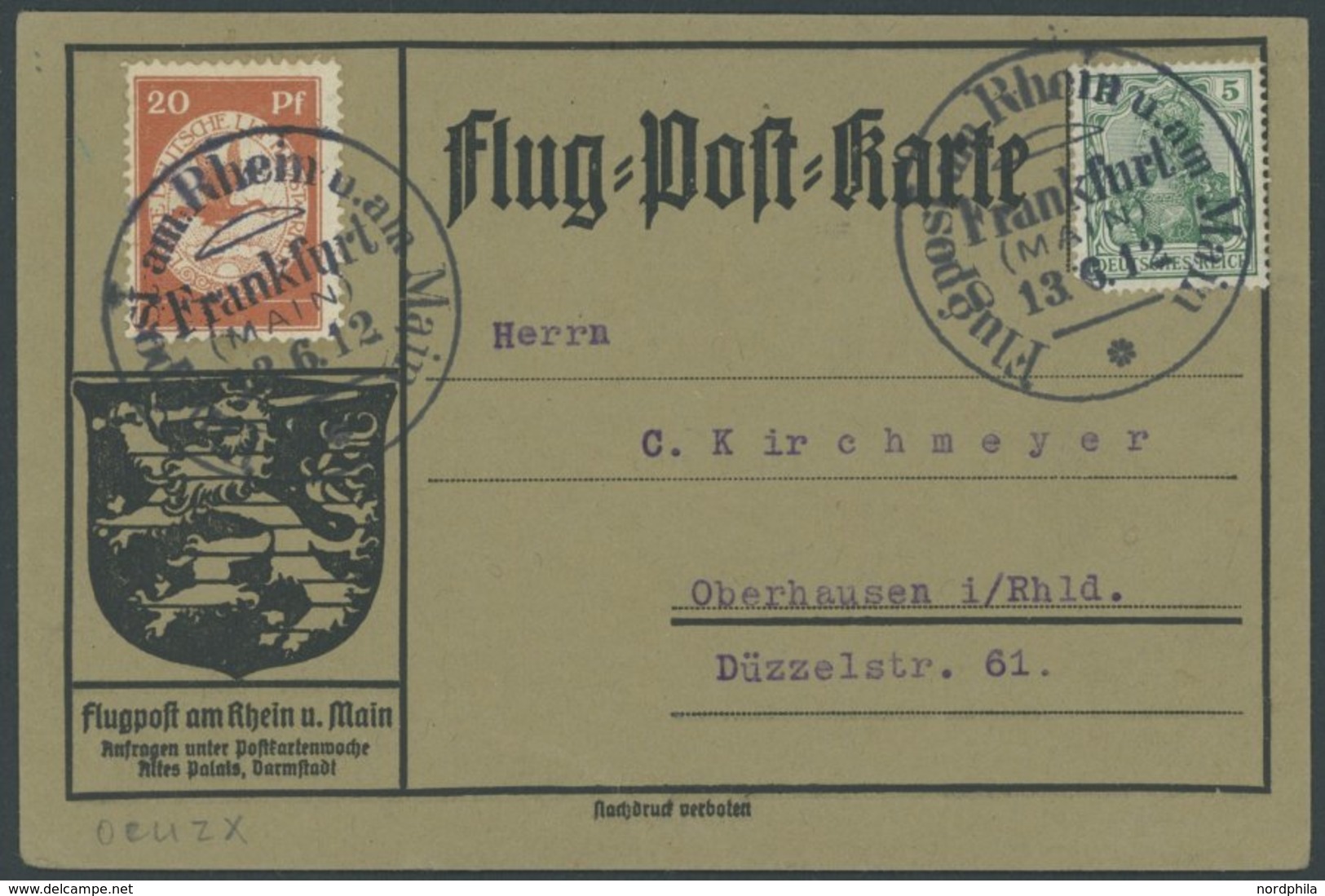 1912, 20 Pf. Flp. Am Rhein Und Main Auf Flugpostkarte Mit 5 Pf. Zusatzfrankatur, Sonderstempel Frankfurt 13.6.12, Reklam - Airmail & Zeppelin