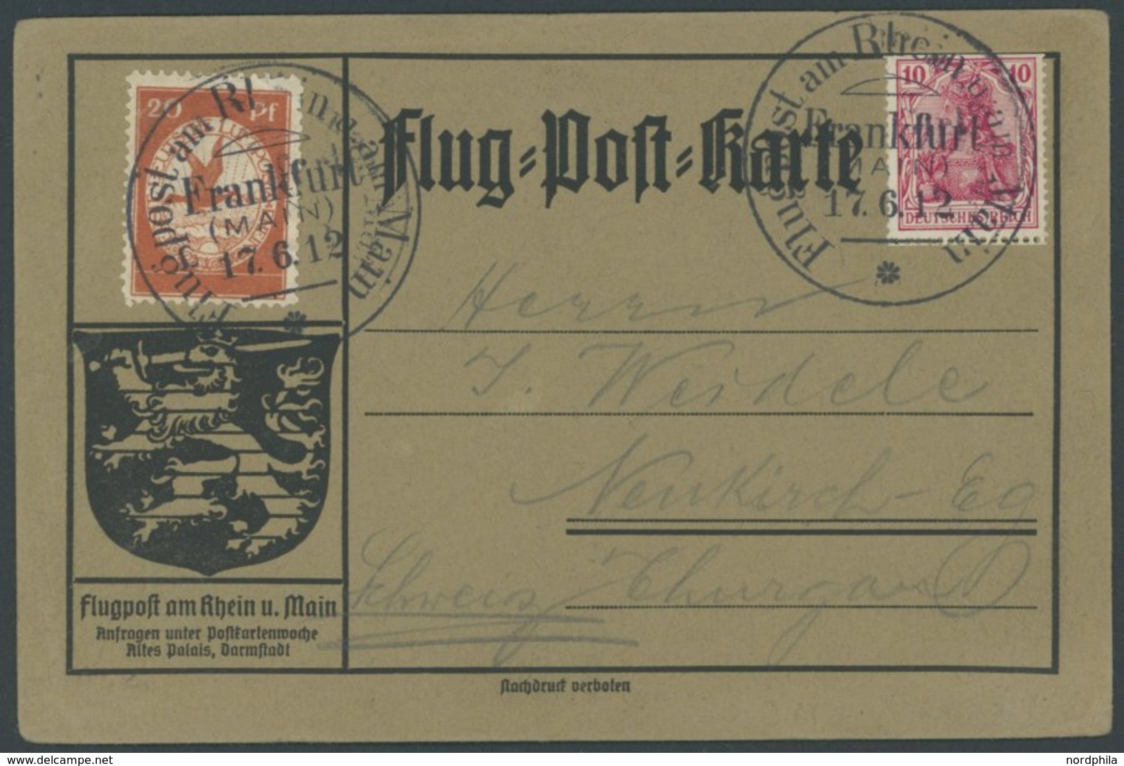1912, 20 Pf. Flp. Am Rhein Und Main Auf Flugpostkarte Mit 10 Pf. Zusatzfrankatur, Sonderstempel Frankfurt 17.6.12, In Di - Poste Aérienne & Zeppelin