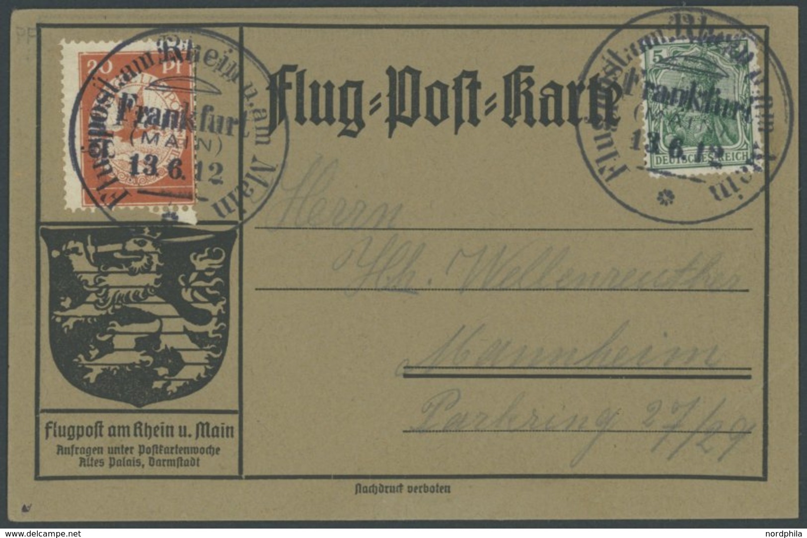 1912, 20 Pf. Flp. Am Rhein Und Main Mit Plattenfehler Oberer Rahmen Links über 2 Gebrochen (Feld 98) Auf Flugpostkarte M - Airmail & Zeppelin