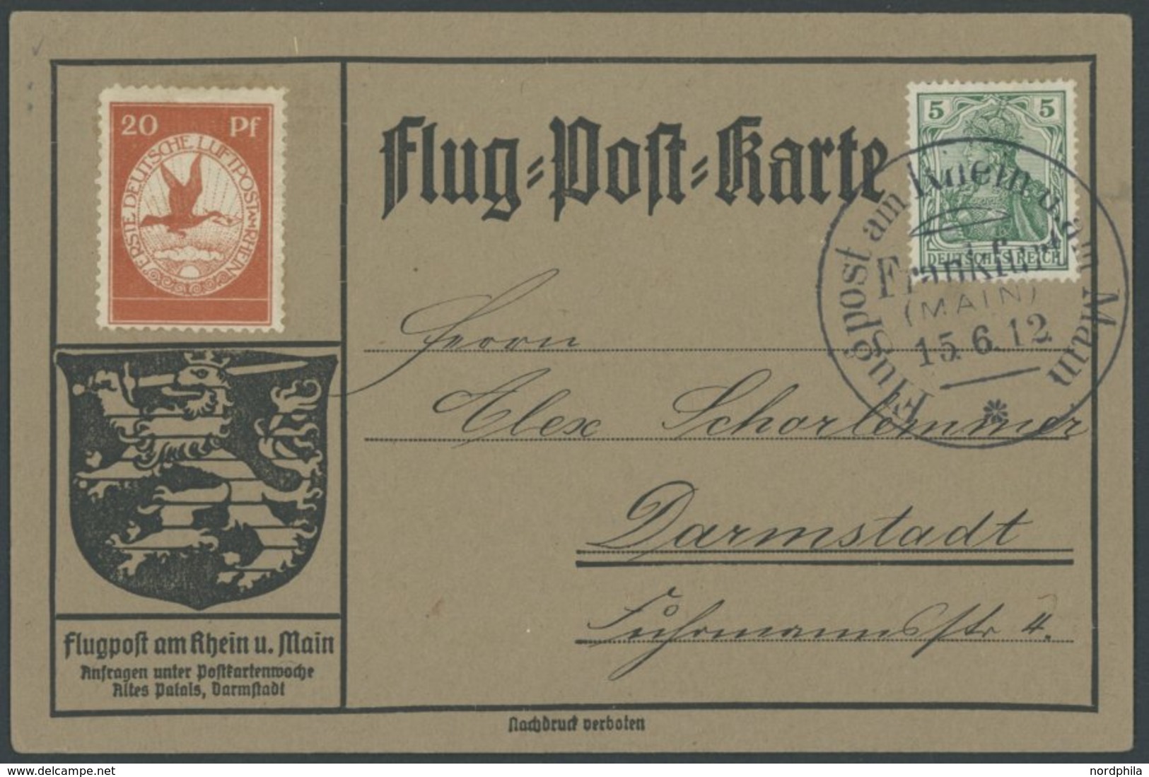 1912, 20 Pf. Flp. Am Rhein Und Main Auf Flugpostkarte Mit 5 Pf. Zusatzfrankatur, Sonderstempel Frankfurt 15.6.12 Nur Auf - Airmail & Zeppelin